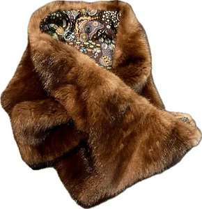 Genuine Brown Ranch Mink Fur Pull-Through Scarf Silk Lined Unisex Made In USA - Picture 1 of 9
