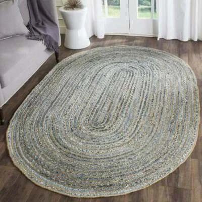 Oval Rug Jute Carpet 100% Handmade Farmhouse Rug Denim Jute Rustic Look Rugs - Image 1 of 4