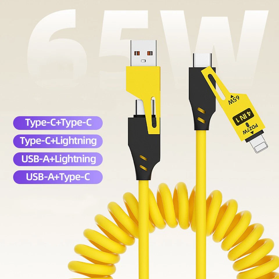 Cargador de cable USB/Tipo-C de resorte 4 en 1 para iPhone 17 16 15 Samsung S25 S24 S23 S22 Foto 1 de 4
