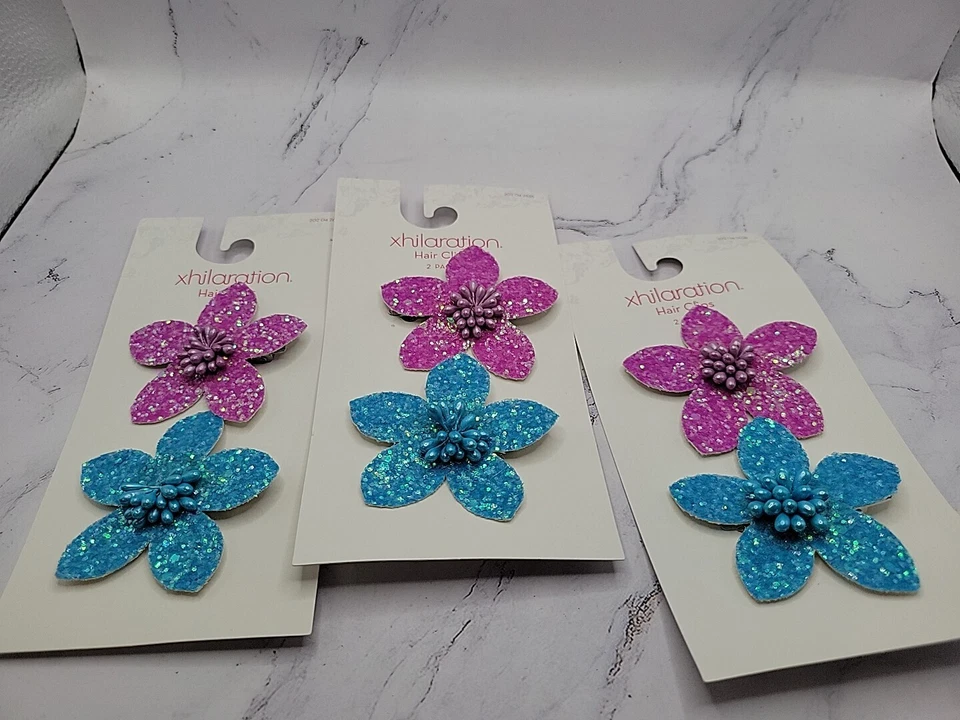 Sparkle Flower Hair Clips Barrette 3 pk Purple & Blue 2.5"ea  Stiff Fabric - Изображение 1 из 3