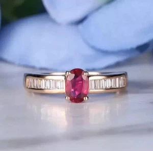 3ct Lab-Created Oval Ruby Baguette Diamond Accents Ring Yellow Gold Plated - Picture 1 of 4