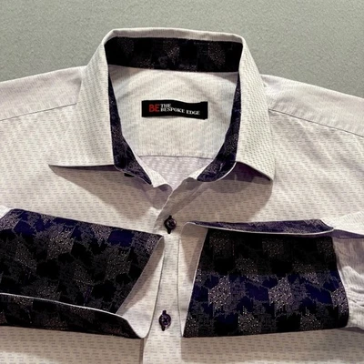 罕见! Bespoke Edge 男式 L/XL 衬衫白色紫色对比色袖口领定制美国 — 第 1/4 张图片