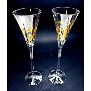 Set of 2 Hand Blown Clear Glass Rainbow Confetti Tall Champagne Flutes 11" READ - Picture 1 of 8