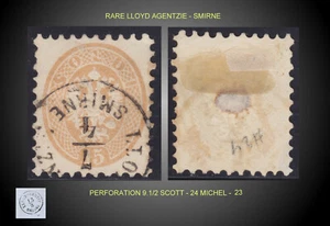 1864 Correo austriaco en Levante 15 S. MARRÓN-AMARILLO LLOYD AGENTZIE SMIRNE MATASELLOS - Imagen 1 de 1