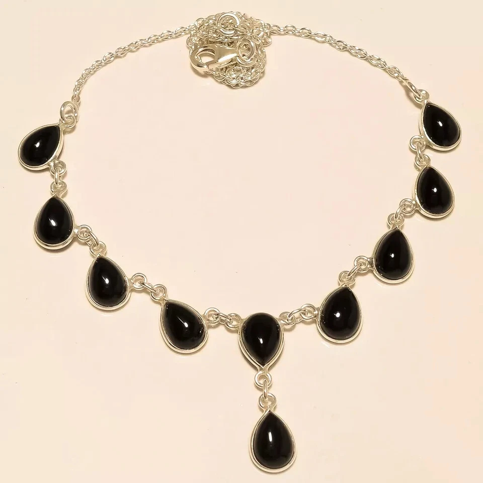 10.9 GM 925 Argento Sterling Onice Nera Cab Gemma Collana Misura 6.2m M-1328 - Immagine 1 di 1