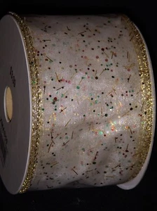 Christmas White Sheer & Colored Specs 2.5" Wired Edge Ribbon 10 YDS Roll 30 FT - Picture 1 of 4