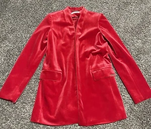 CALVIN KLEIN Women’s Size 8 Red Satin Coat Jacket Long Shoulder pads Open - Picture 1 of 3