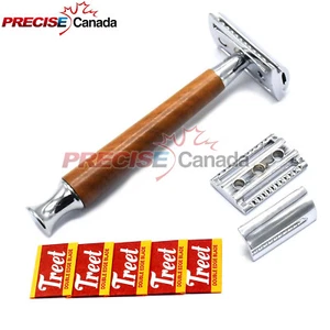 Men Shaving Safety Razor Double Edge Wooden Handle + 5 Blades BTS-303 - Picture 1 of 3