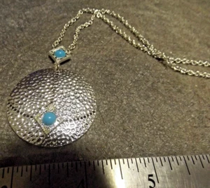 Hand made Signed Earrings & 16" NECKLACE Round Hammered Silver Tone Blue ACCENTS - Picture 1 of 11