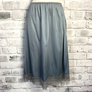 Vintage Blue Gray Satin Lace Trim Midi Slip Skirt Small Boho 90s Y2K Coquette - Picture 1 of 17