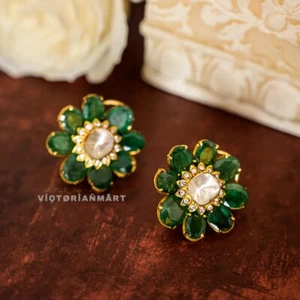 Emerald Polki & Pave Diamond Earrings 925 Sterling Silver Earrings Bridal Gift - Picture 1 of 2