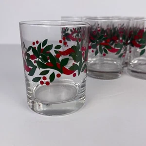 Crate and Barrel Holiday Red Green Holly Botanical Lowball Drink Glasses - 8 Set - Picture 1 of 4