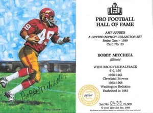 SELTENE SIGNIERTE TORLINIEN-KUNSTKARTE VON BOBBY MITCHELL ~ GOLDSIEGEL ENSHRINEE-BEWEIS ~ HOF AUTO - Bild 1 von 2