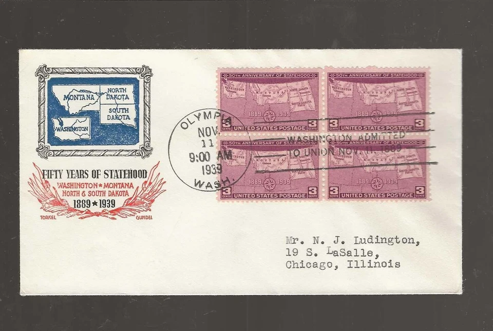 US FDC's...Sc #858...No Dakota...1937...TORKEL GUNDEL Cachet...Olympia Postmark - Image 1 of 1