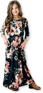 Girls Maxi Dress Floral 3/4 Long Sleeve Dresses with Pockets for Girls 6-12 Year - Picture 1 of 12