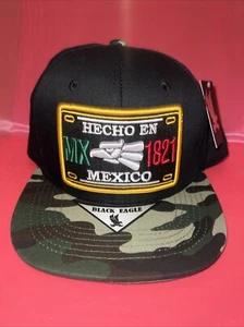 Hecho en Mexico Eagle Embroidered Snapback Cap, Mexican Flat Brim Hat Black/Camo - Picture 1 of 6