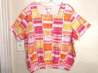 Alfred Dunner Womens Blouse 2X Plus Shirt Pink Orange White Top Short Sleeve - Image 1 of 3