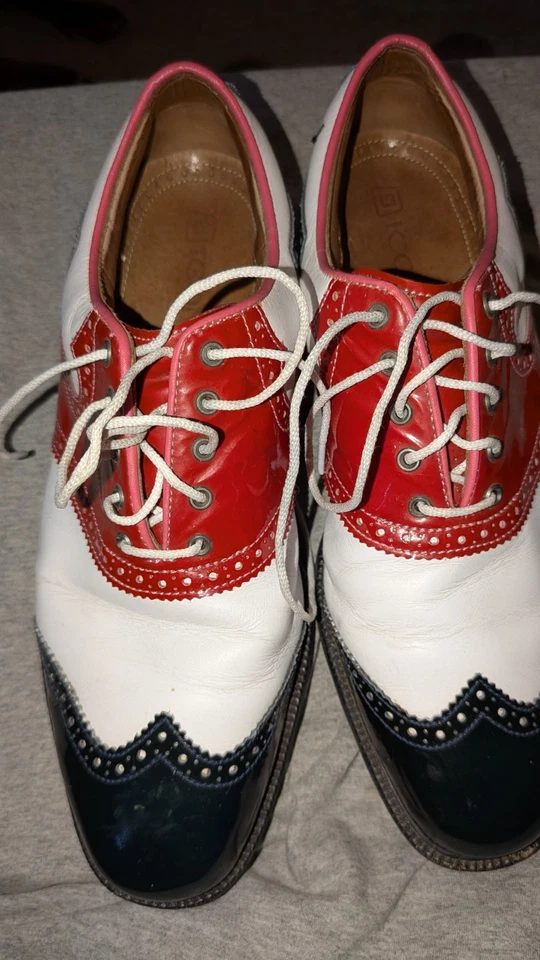 Tênis de golfe masculino FJ MyJoy ICON couro sela – Vermelho/branco/preto tamanho 9  - Imagem 1 de 4