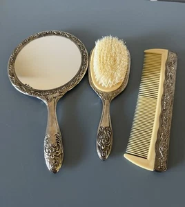 Vintage Vanity Set #3 Pieces Brush-Mirror-Comb Silver Plated Made in Hong Kong - Picture 1 of 9