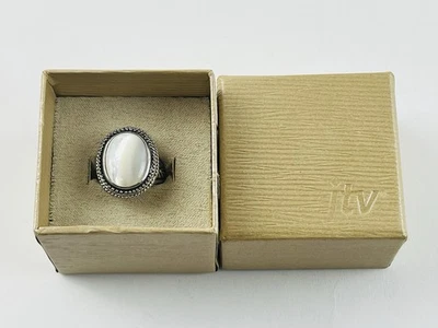 Mother Of Pearl Stone Silver Tone Textured/Etched Cocktail Ring Size 8.5 JTV Box - Image 1 of 4