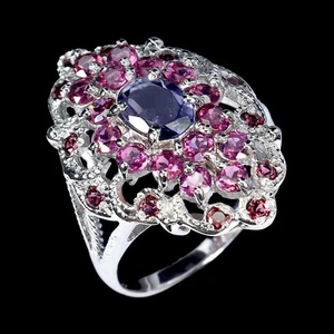 925 Sterling Silver Ring Oval Iolite 7x5mm Rhodolite Garnet Gemstone Jewelry 8 - Picture 1 of 14