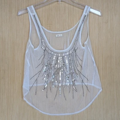 Camiseta sin mangas Hollister blanca transparente malla lentejuelas adornada festival fiesta para mujer XS Foto 1 de 4