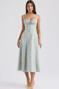 HOUSE OF CB Carmen Soft Blue Vintage Floral Print Cotton Bustier Sundress Size - Picture 1 of 10