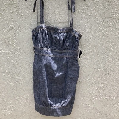 Baby Phat Dress Sz 13 Dk Wash Jean Mini Cat Logo Spag Straps Banded Hem Y2K New - Image 1 of 4