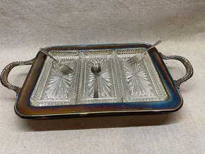 Vintage Raimond Silverplate Footed Tray with 3 glass inserts w/ Forks 17.5"x9.5" - Picture 1 of 7