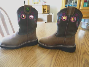 John Deere Pink Embroidered Square Toe Western Leather Boots Girls Size 8 1/2M - Picture 1 of 5