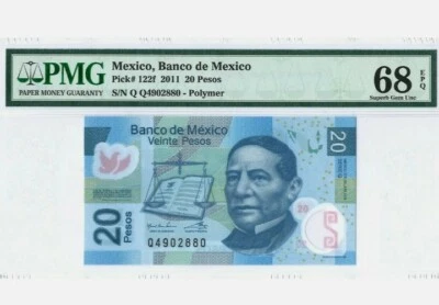 2011 MEXICO 20 Pesos PMG68 EPQ SUPERB GEM UNC【P-122f】 'Polymer' Serie Q - Image 1 of 2