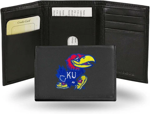 Kansas Jayhawks Embroidered Leather Tri-Fold Wallet [NEW] Billfold ID Card Cover