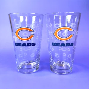 NFL Chicago Bears Clear Pint Glass Satin Etch Logo 16 oz Orange Blue Set of 2 - Picture 1 of 9