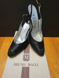Vtg BRUNO MAGLI Black Satin Slingback Evening Shoes Sz7AA, 3.5"H Rhinestone Toes - Picture 1 of 22