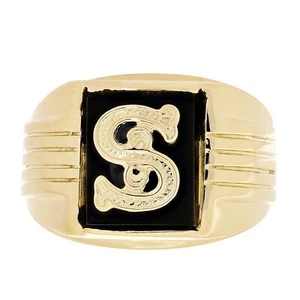 Herrenring 14 Karat Gelbgold schwarzer Onyx Anfangsbuchstabe S Größe 9 - 11,3 Gramm - Bild 1 von 5