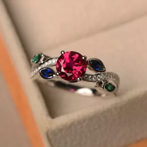 925 Sterling Silver Pink Ruby Ring Lab Created Round Cut Gemstone Women Ring - Picture 1 of 6