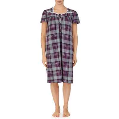 SECRET TREASURES GRAY PURPLE PLAID NIGHTGOWN BUTTONS POCKETS SHORT SLEEVE LARGE - Image 1 of 4