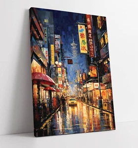 TOKYO CITY AT NIGHT, MODERN PAINTERLY STYLE -DEEP FRAMED CANVAS WALL ART PRINT - Picture 1 of 2