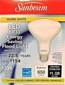 Sunbeam LED BR30 65W OUTDOOR/INDOOR Flood Light Bulb Dimmable New - Picture 1 of 2