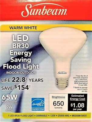 Sunbeam LED BR30 65W OUTDOOR/INDOOR Flood Light Bulb Dimmable New - Image 1 of 2