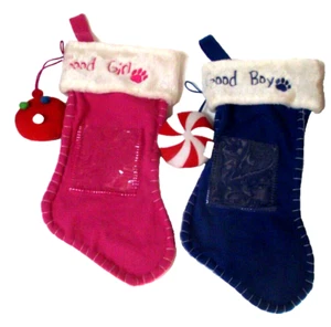 NWOT 2 Dog Puppy Girl Boy Christmas Winter Holiday Fireplace Stockings Pink Blue - Picture 1 of 4