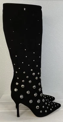 Larroude Kate Studs Boots Women's Size 8.5 Black Suede Knee High Stiletto Heel - Image 1 of 4