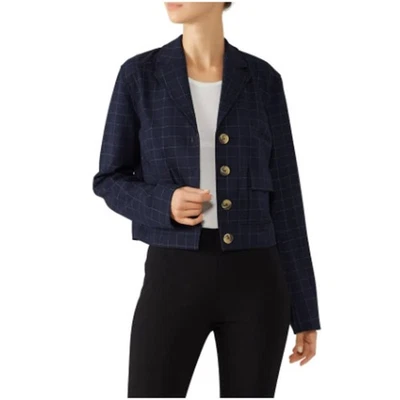Rachel Roy Checked Plaid Blazer Windowpane Cropped Boxy Jacket Navy Blue, Size S - Image 1 of 4