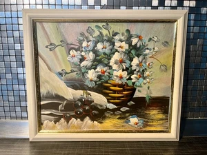 Vintage Ölbild Stillleben "Blumen im Rattankorb" H/B: 23 x 27,5 cm - Bild 1 von 8