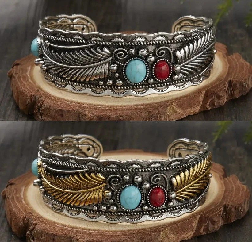 Armreif Feder Schmuck Boho Armband Indigener Western Style Türkis Bohemian - Bild 1 von 3