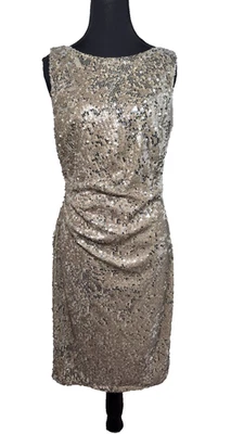 David Meister Sequin Ruched Sheath Cocktail Dress 6 Cutout Back Holiday Chic - Image 1 of 4