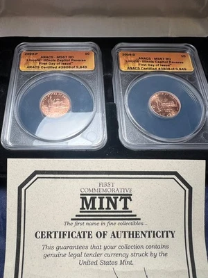 2009-P & D 1c Lincoln Cents  Capital ANACS MS 67 First Day of Issue Set #B16 - Image 1 of 4