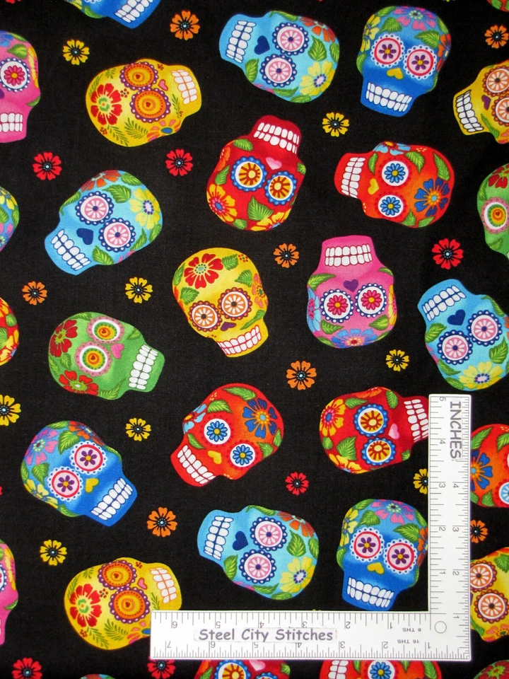 Sugar Skulls Day of Dead Fiesta Cotton Fabric Timeless Treasures C1847 By Yard - Image 1 of 1