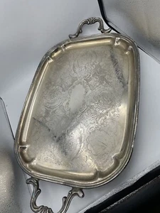 Large Vintage Footed Silver Serving Tray With Handles Engraved Vintage - Picture 1 of 8