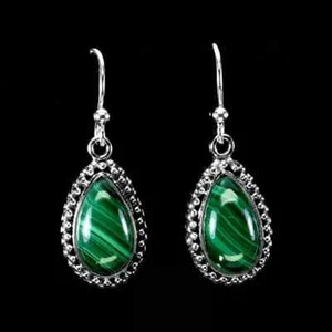 Sterling Silver Earrings Malachite Genuine Natural Mined Gems Drop Dangle Design - Picture 1 of 24